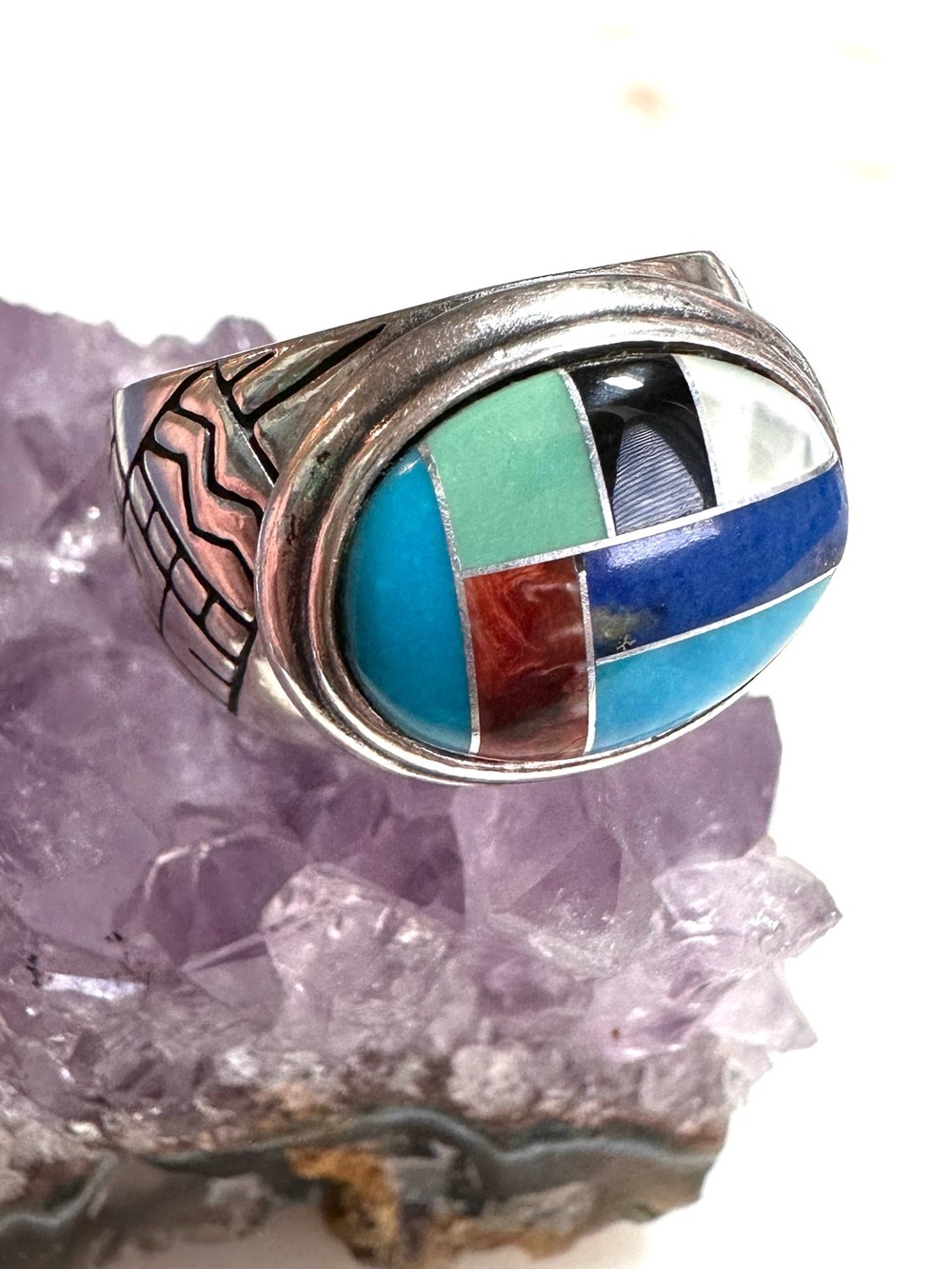 Carolyn Pollack Multi-Gemstone Geometric Inlay Southwest Sterling Silver Ring